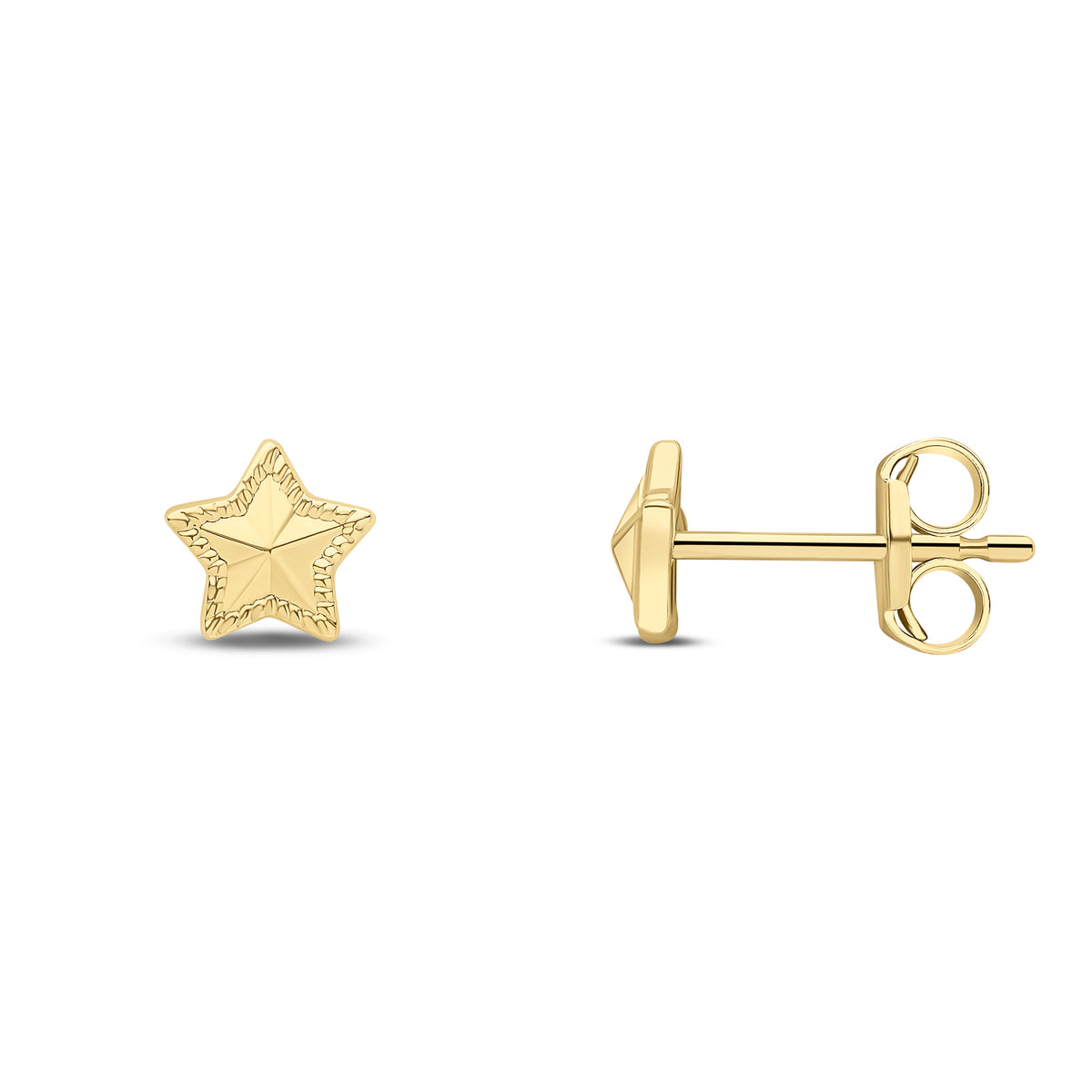 9CT YG STAR STUD EARRINGS WITH POINTED CENTRE. 5.5MM