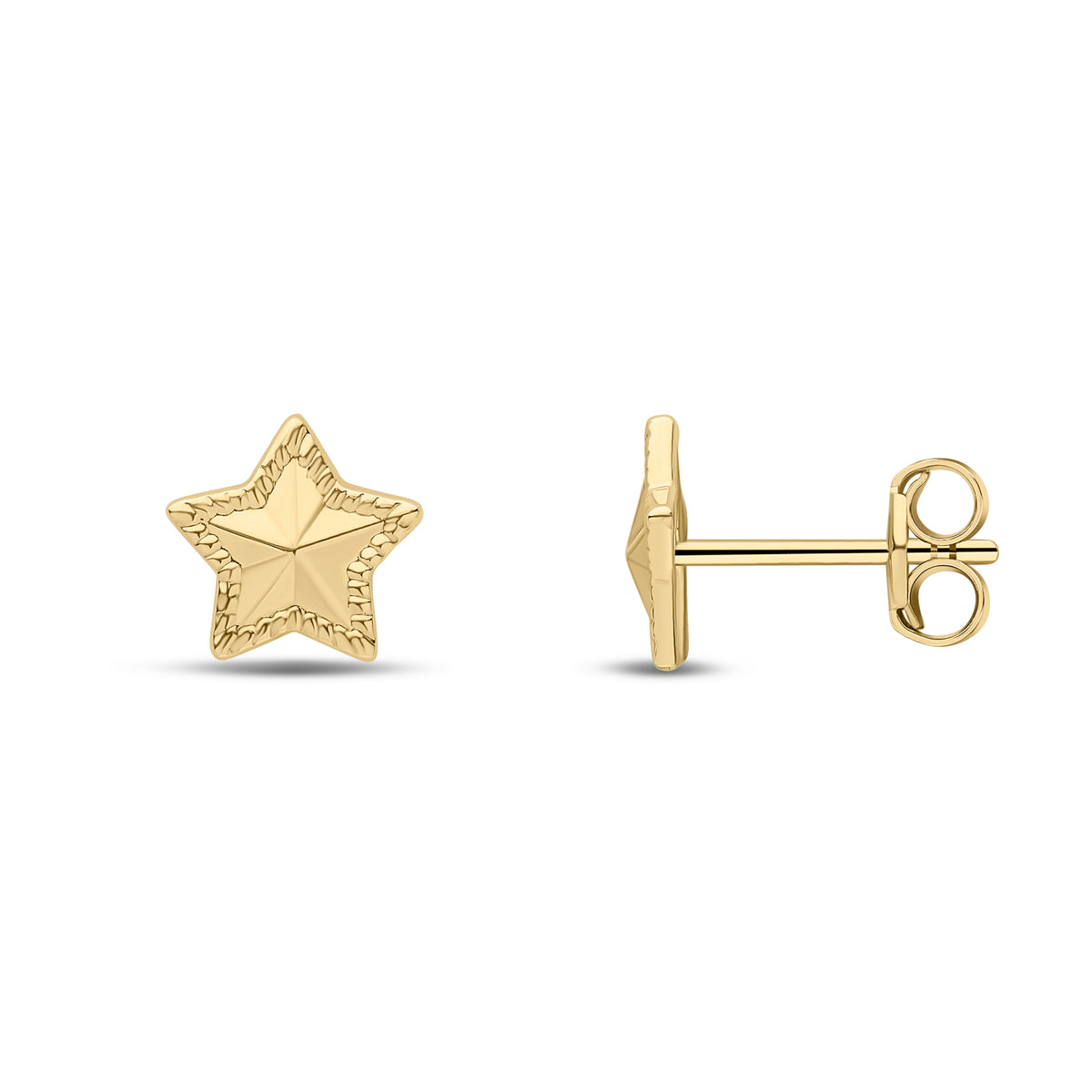 9CT YG STAR STUD EARRINGS WITH POINTED CENTRE. 7.8MM
