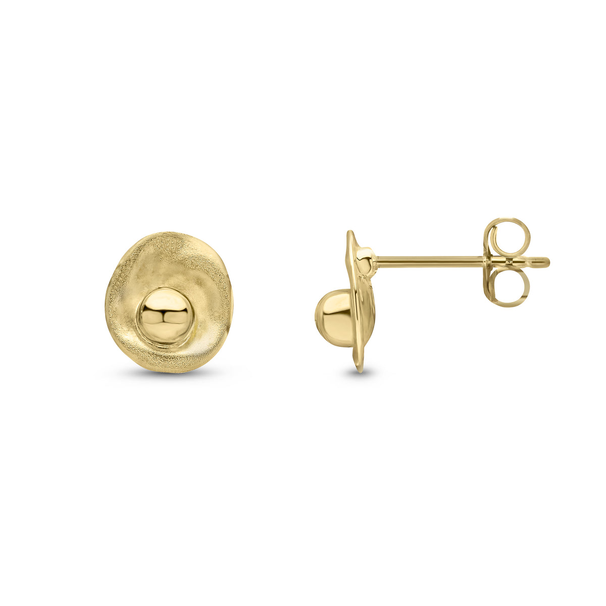 9CT YG SATIN FINISH DISC AND POLISHED FINISH BALL CENTRE STUD EARRINGS
