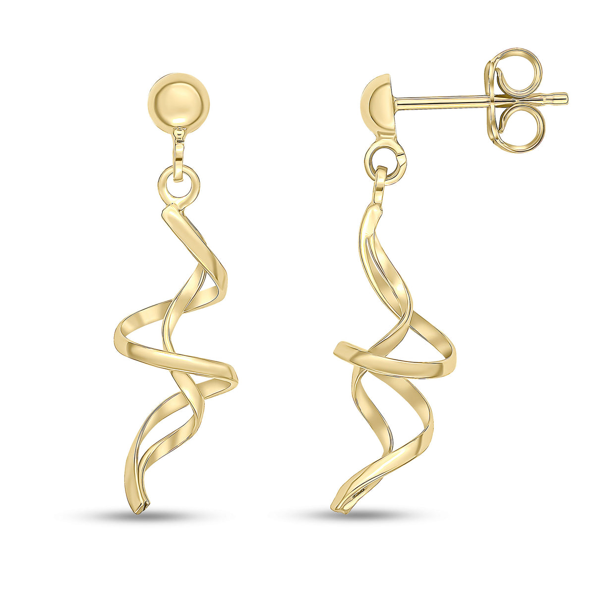 9CT YG SPIRAL DROP EARRINGS WITH HALF BEAD STUD TOP