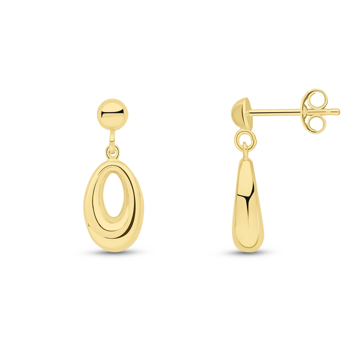 9CT YG OVAL OPEN PEARSHAPE DROP EARRINGS WITH HALF BEAD TOP