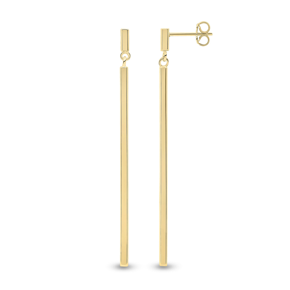 9CT YG POLISHED SQUARE TUBE BAR DROP EARRINGS. 62MM LONG