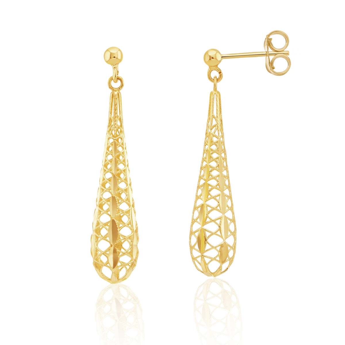 9CT YELLOW GOLD OPENWORK TORPEDO DROP EARRINGS. 37MM LONG