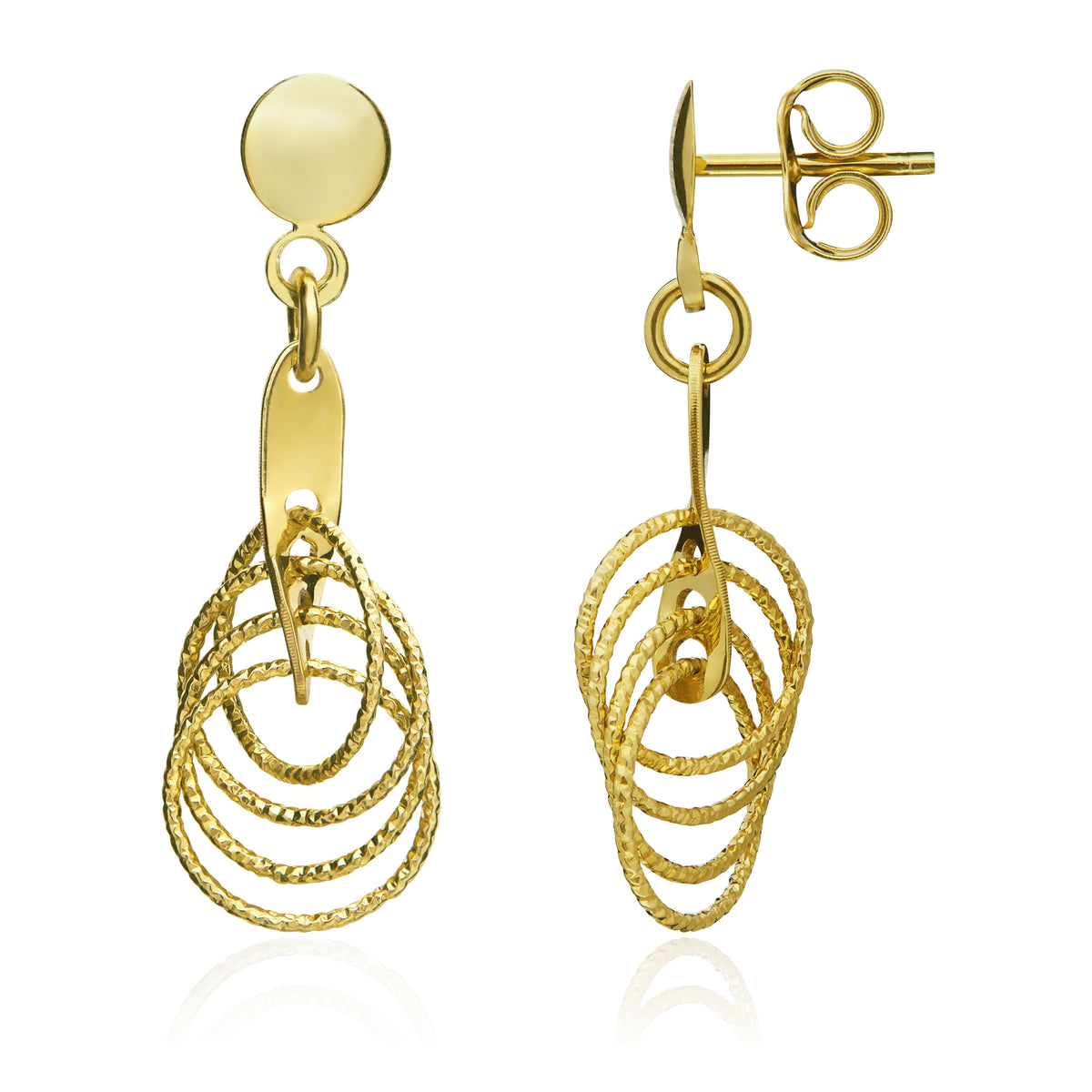9CT YELLOW GOLD DIAMOND CUT CIRCLES DROP EARRINGS WITH FLAT POLISHED DISC STUD TOP