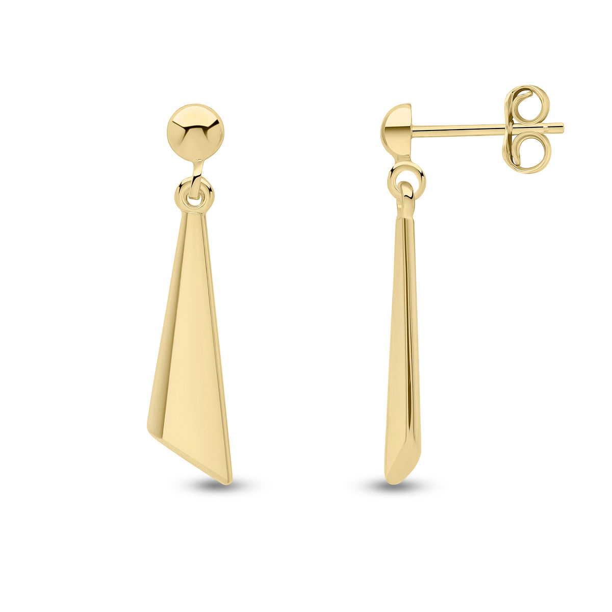 9CT YG POLISHED TRIANGULAR DROP EARRINGS WITH HALF BEAD TOP