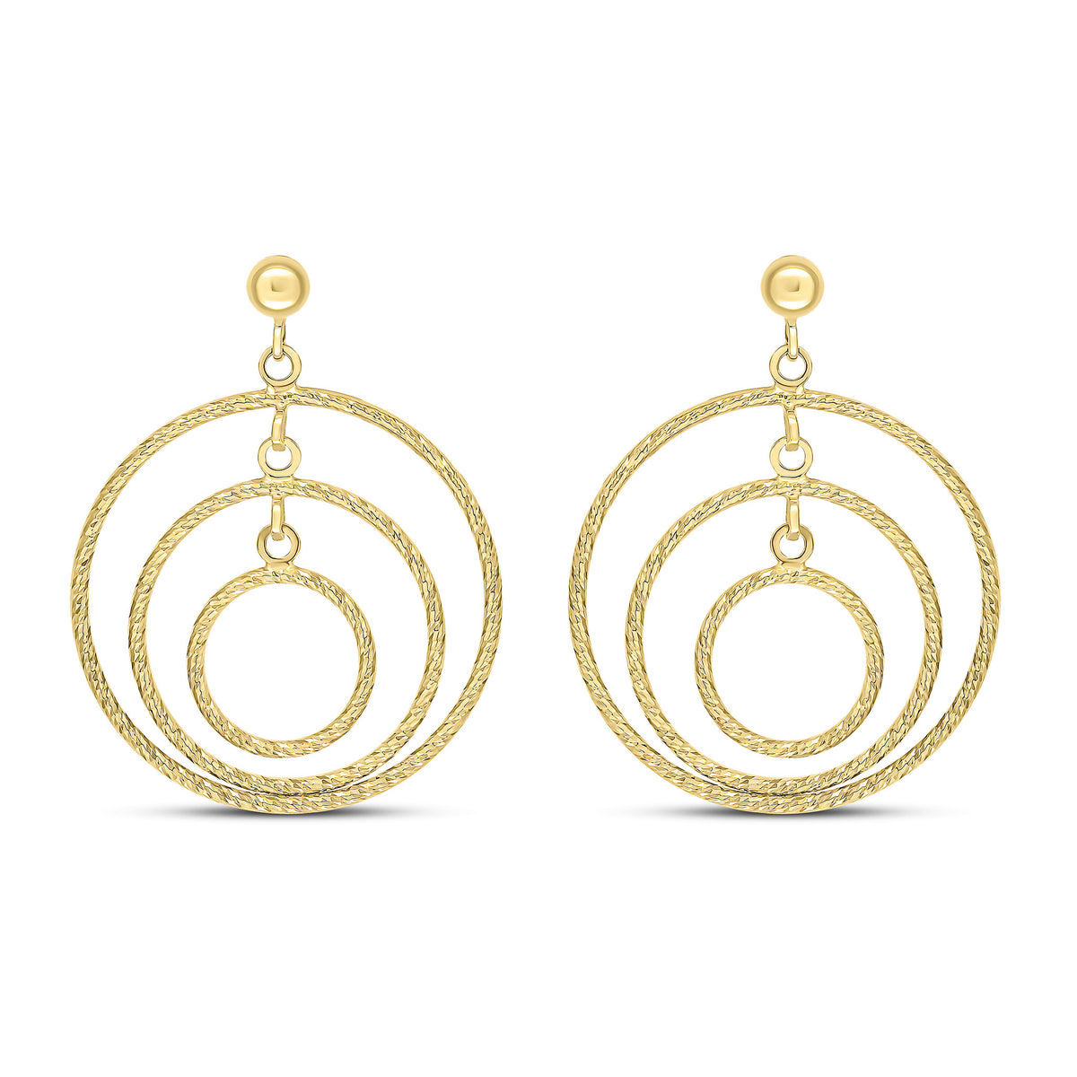 9CT YELLOW GOLD TEXTURED TRIPLE CIRCLE DROP EARRINGS WITH 4MM HALF BEAD TOP