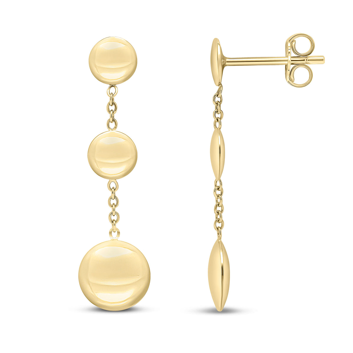 9CT YELLOW GOLD FLAT DISC AND CHAIN DROP EARRINGS