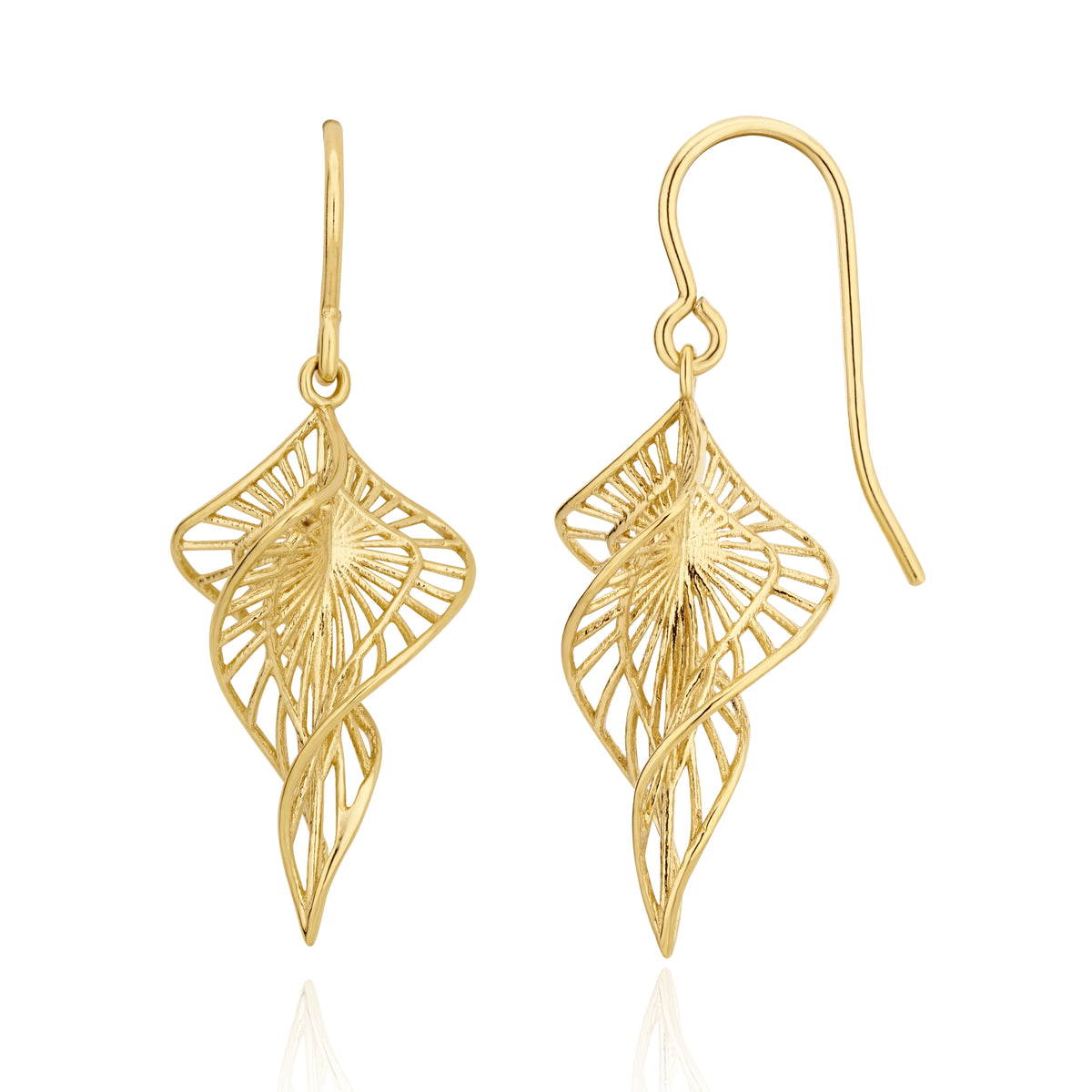 9CT YELLOW GOLD FILIGREE SPIRAL DROP EARRINGS WITH HOOK WIRE FITTING