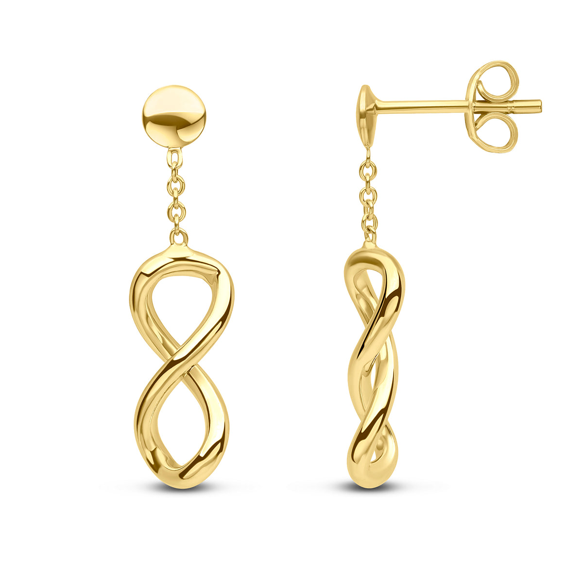 9CT YG INFINITY AND CHAIN DROP EARRINGS WITH FLAT DISC TOP