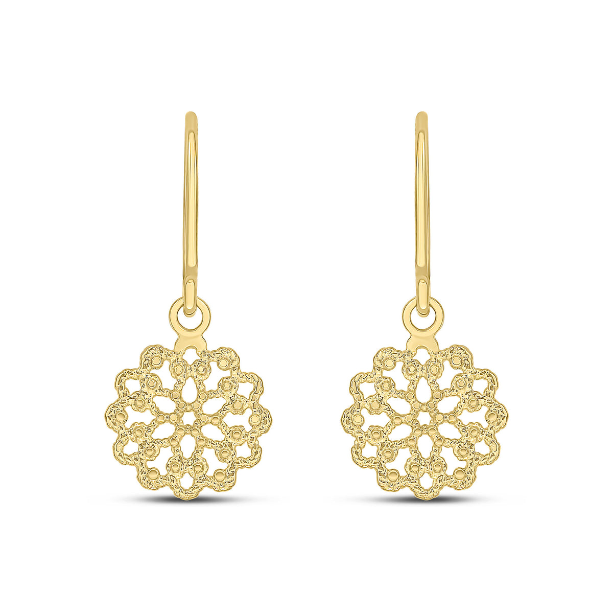 9CT YELLOW GOLD ROUND FLOWER FILLIGREE DROP EARRINGS WITH SHEPHERDS HOOK FITTING