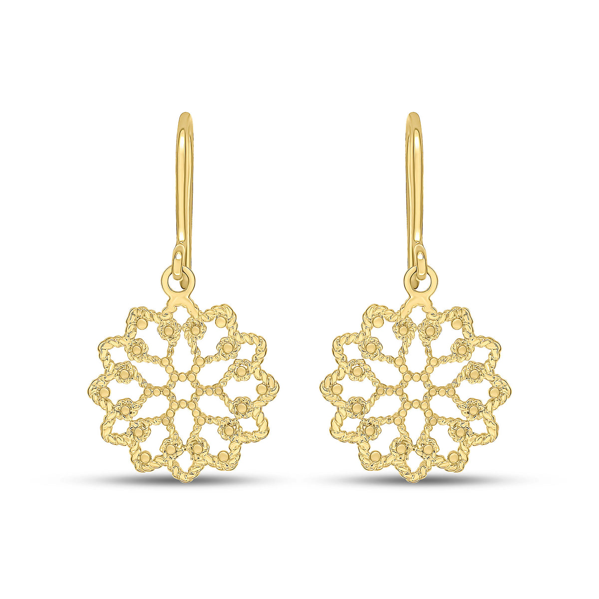 9CT YELLOW GOLD ROUND FLOWER FILLIGREE DROP EARRINGS WITH SHEPHERDS HOOK FITTING