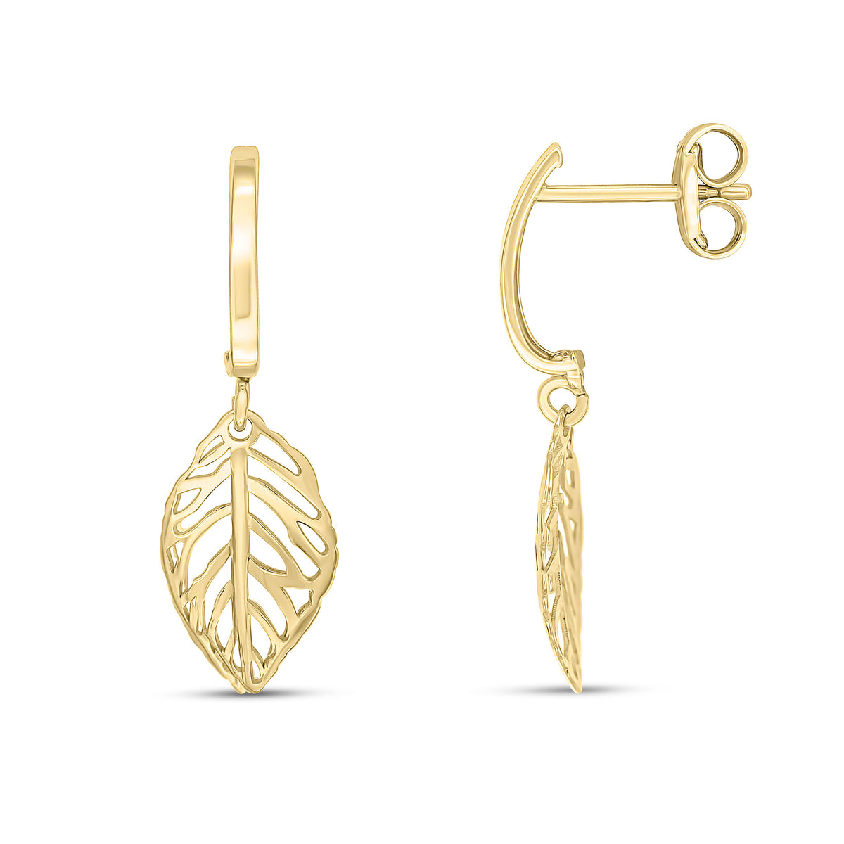 9CT YELLOW GOLD CURVED BAR AND OPENWORK LEAF EARRINGS