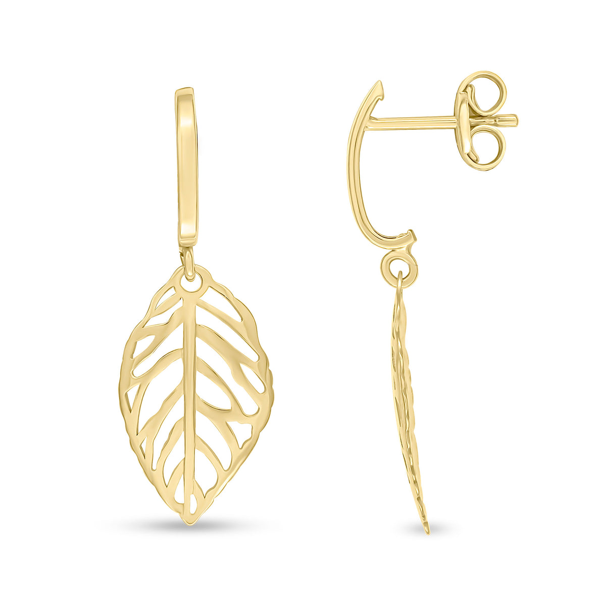 9CT YELLOW GOLD CURVED BAR AND OPENWORK LEAF DROP EARRINGS