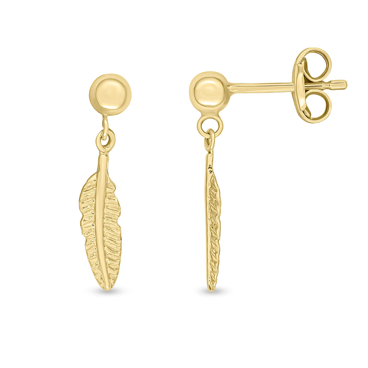 9CT YELLOW GOLD FEATHER DROP EARRINGS WITH BALL STUD TOP