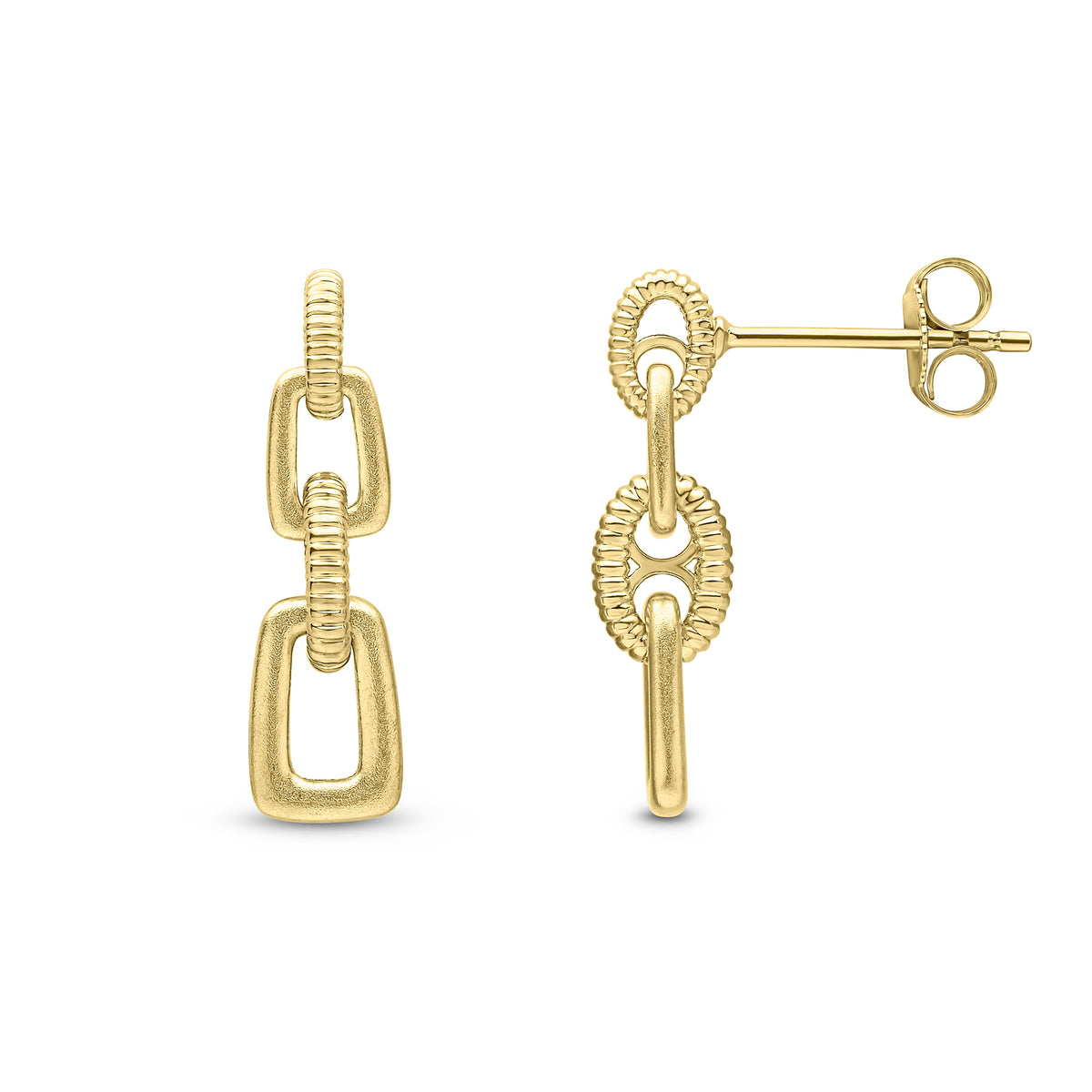 9CT YG SATIN AND RIBBBED LINKS DROP EARRINGS
