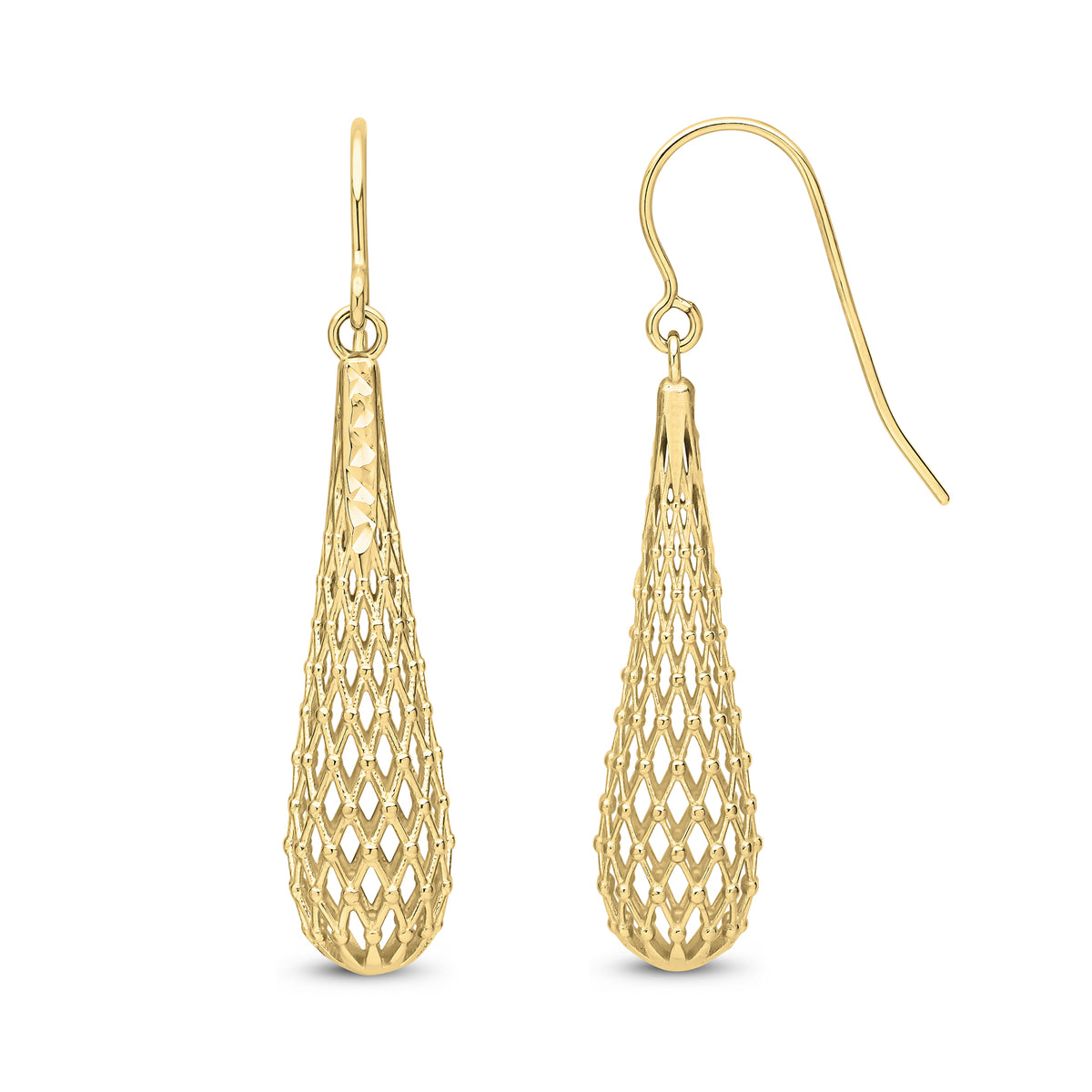 9CT YG OPEN LATTICE TORPEDO DROP EARRINGS WITH SHEPHERDS HOOK FITTINGS