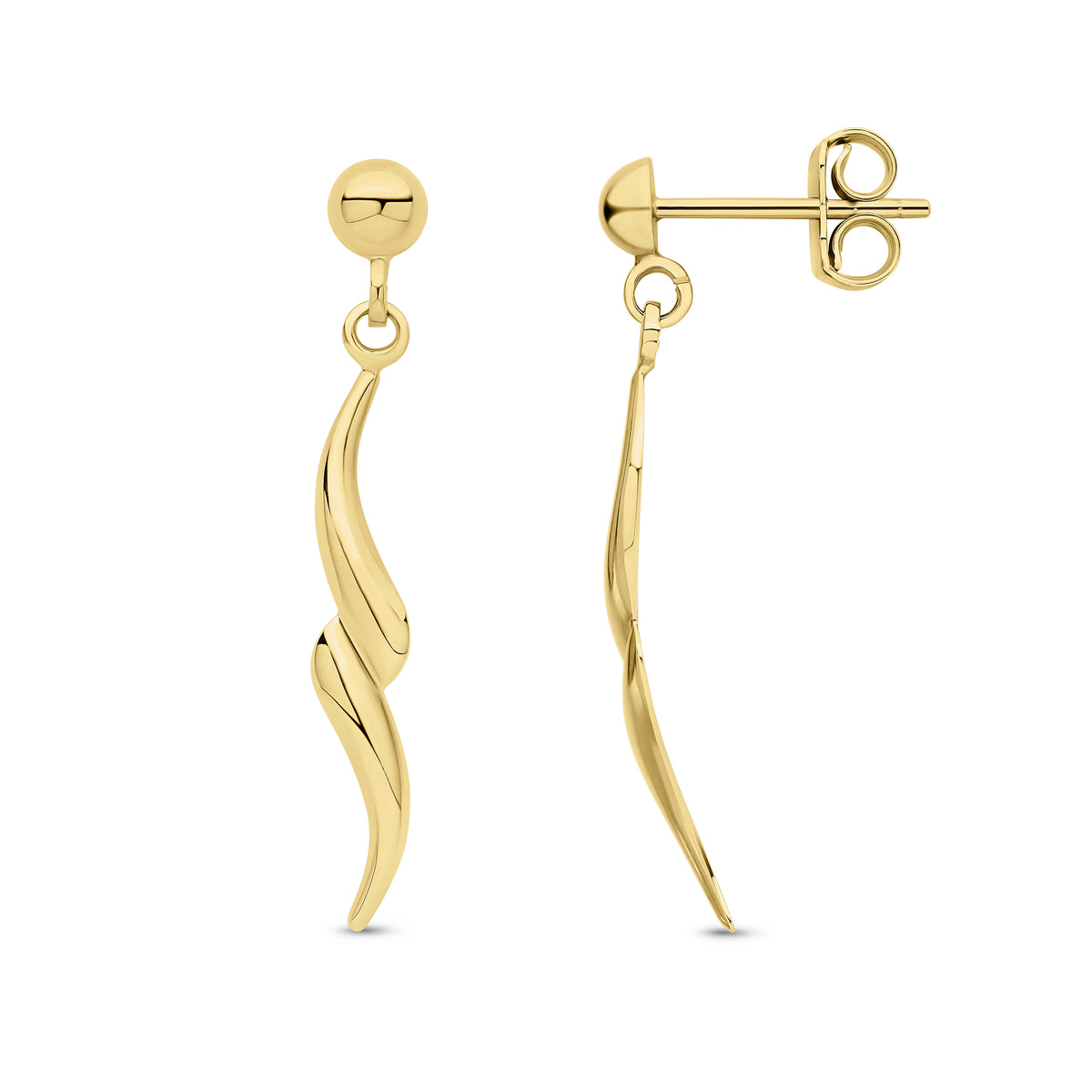 9CT YG SQUIGGLE DROP EARRINGS WITH HALF BEAD TOP