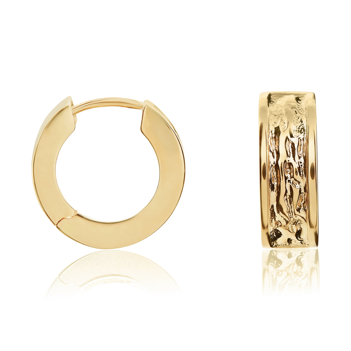 9CT YELLOW GOLD TEXTURED FINISH SQUARED ROUND HUGGY EARRINGS