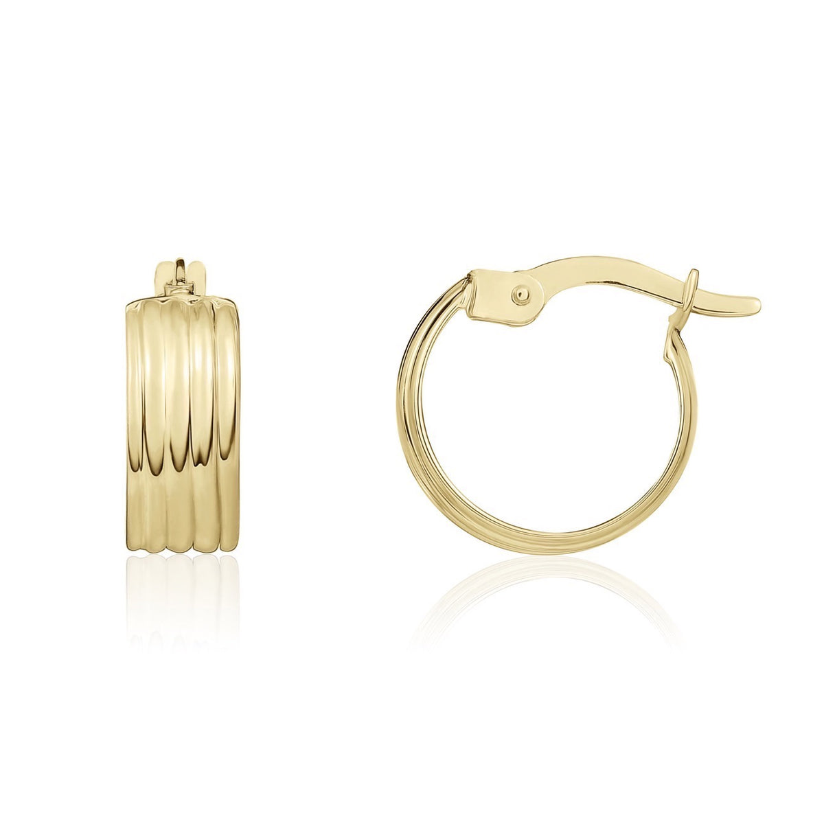 9CT YELLOW GOLD RIBBED 5MM WIDE SMALL HOOP EARRINGS. 12MM OUTER DIAMETER