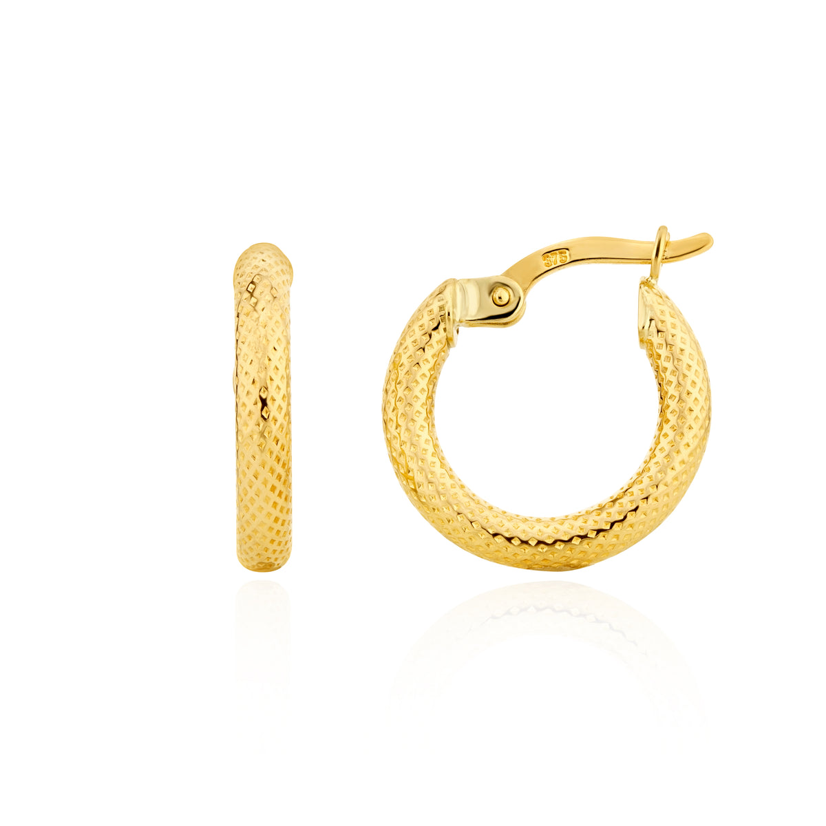 9CT YELLOW GOLD TEXTURED ROUND HOOP EARRINGS. 15MM DIAMETER