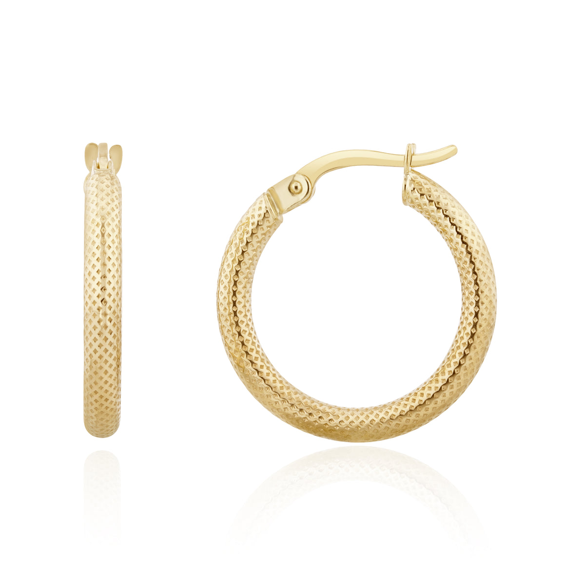 9CT YELLOW GOLD STIPPLED ROUND HOOP EARRINGS. 20MM DIAMETER