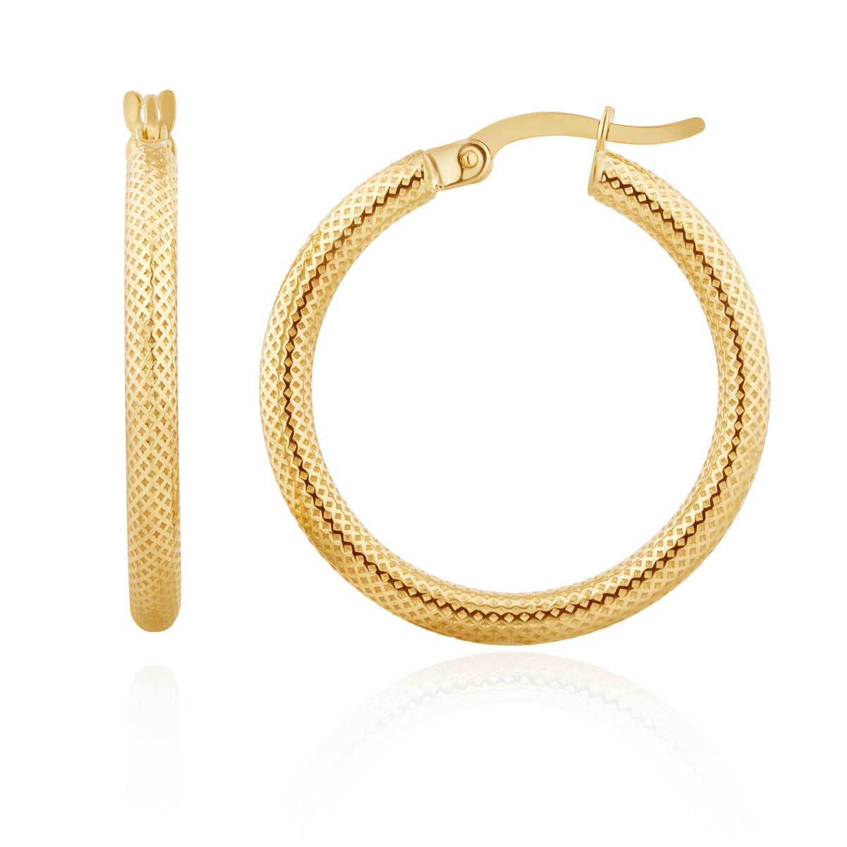 9CT YELLOW GOLD STIPPLED ROUND HOOP EARRINGS. 25MM OUTER DIAMETER