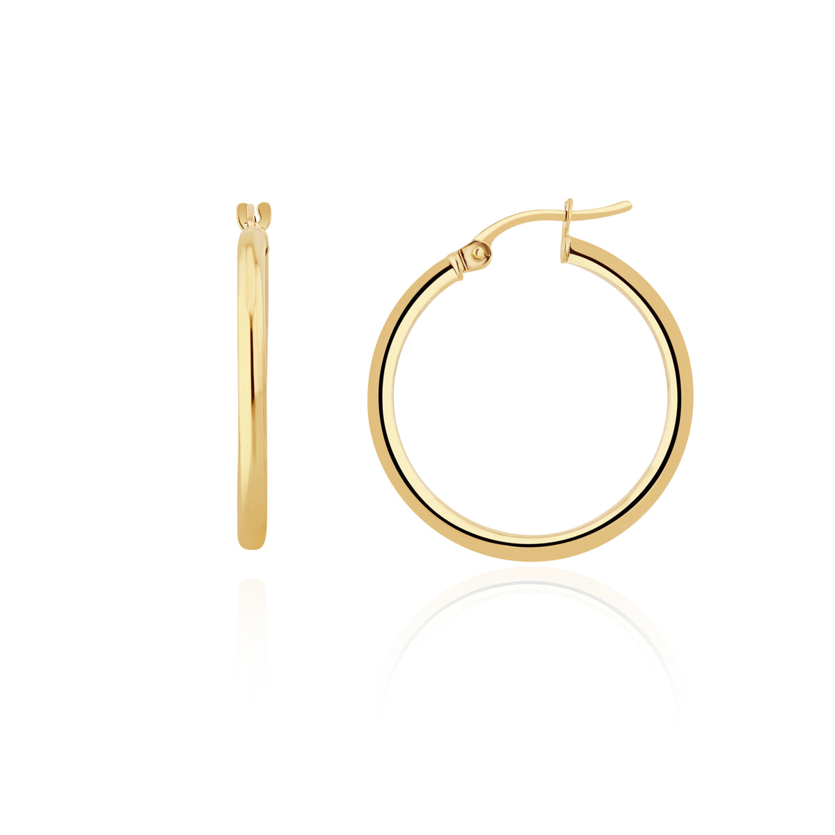 9CT YELLOW GOLD 2MM POLISHED TUBE HOOP EARRINGS. 24MM OUTER DIAMETER