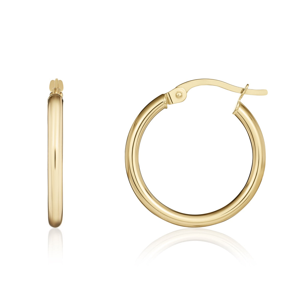 9CT YELLOW GOLD 2MM POLISHED TUBE HOOP EARRINGS. 19MM OUTER DIAMETER