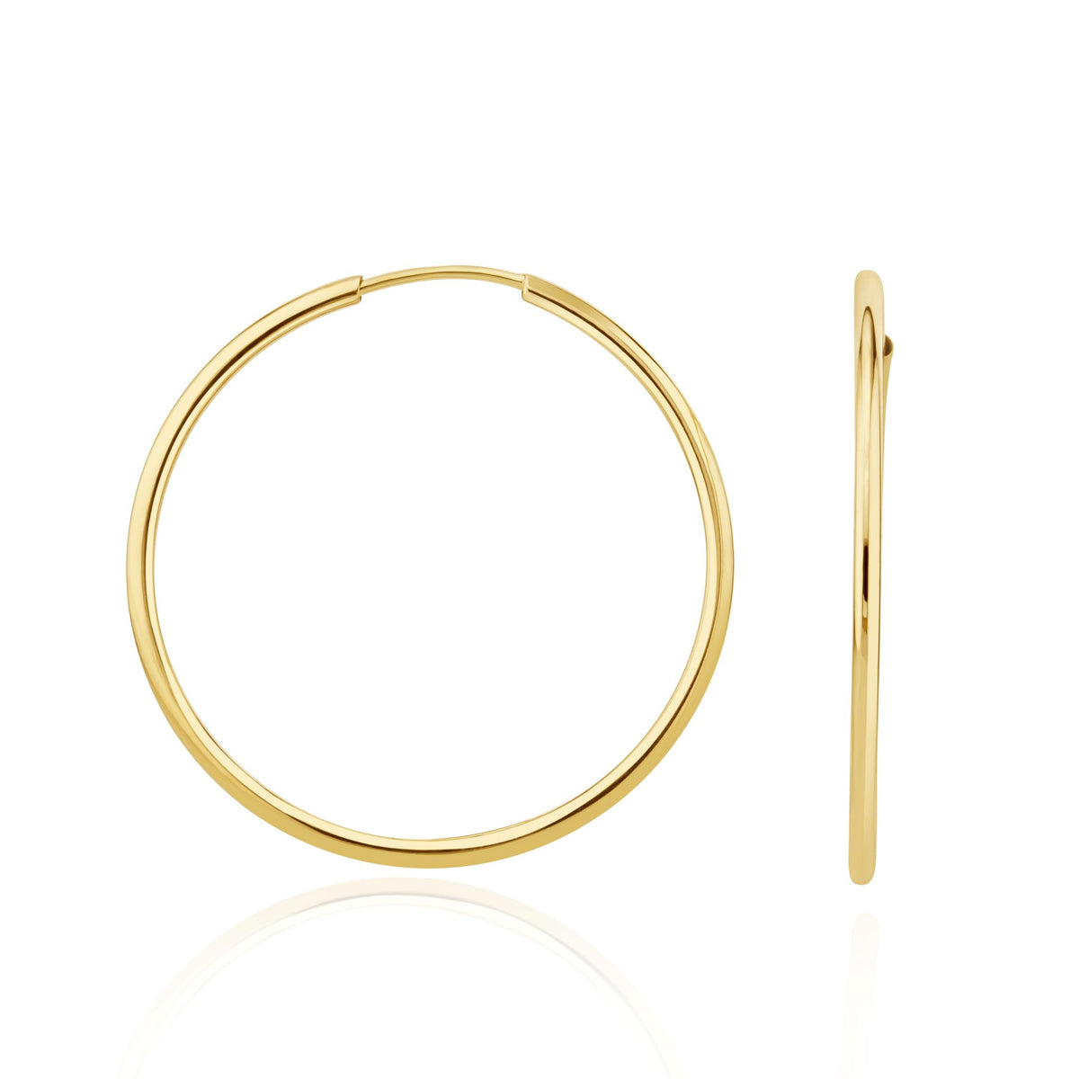 9CT YELLOW GOLD THIN SLEEPER HOOP EARRINGS. 42MM DIAMETER