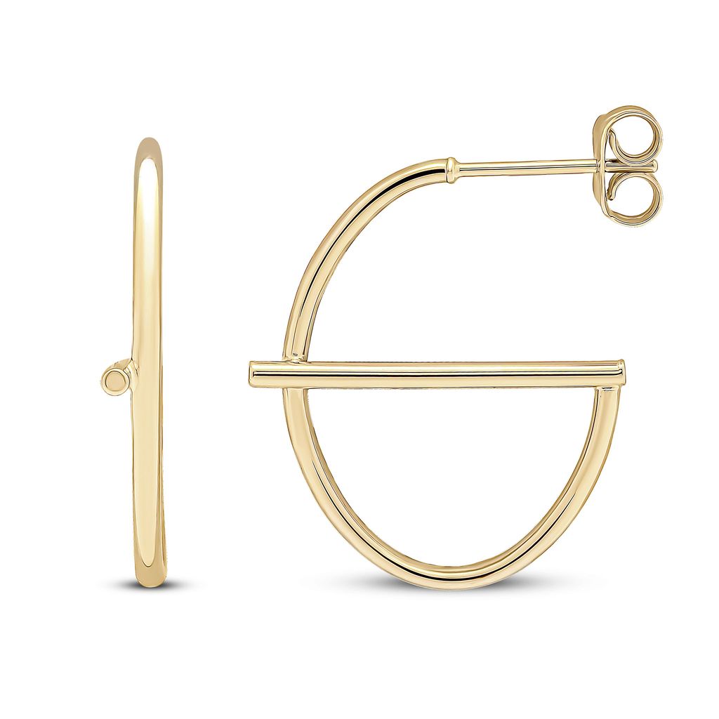 9CT YELLOW GOLD POLISHED OVAL HOOP WITH BAR. PEG AND SCROLL FITTINGS