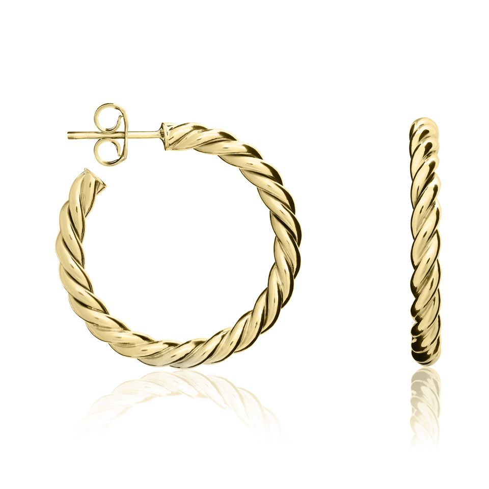 9CT YELLOW GOLD ROPE TWIST PEG & SCROLL HOOP EARRINGS. 26MM DIAMETER