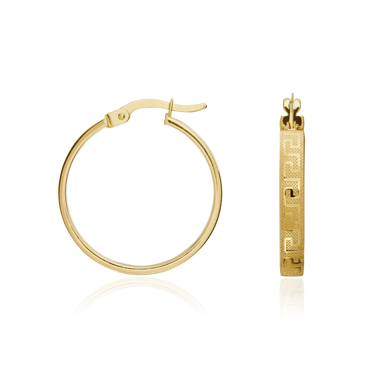 9CT YG SQUARE SECTION GREEK KEY DESIGN ROUND HOOP EARRINGS. 19MM OUTER DIAMETER