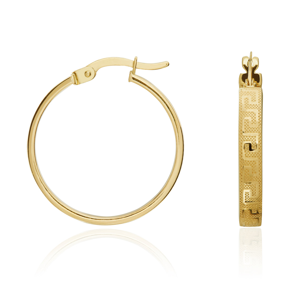 9CT YG SQUARE SECTION GREEK KEY DESIGN ROUND HOOP EARRINGS. 24MM OUTER DIAMETER