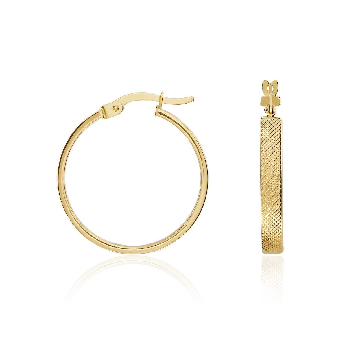 9CT YG STIPPLED FLAT TUBE ROUND HOOP EARRINGS. 18MM OUTER DIAMETER