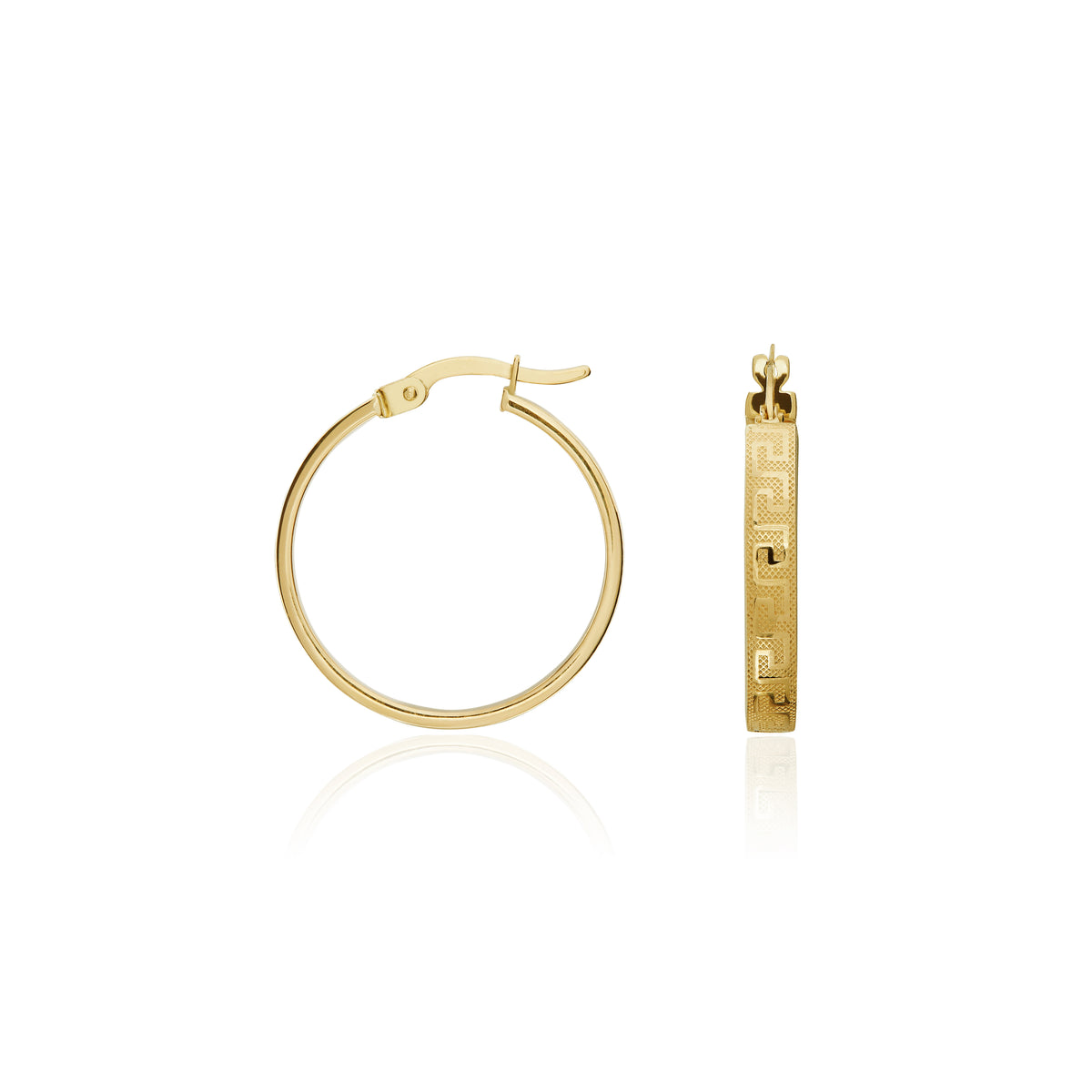 9CT YG SQUARE SECTION GREEK KEY DESIGN ROUND HOOP EARRINGS. 14MM OUTER DIAMETER