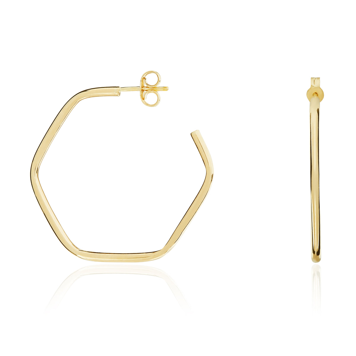 9CT YG HEXAGON SHAPE HOOP EARRINGS WITH PEG AND SCROLL FITTINGS