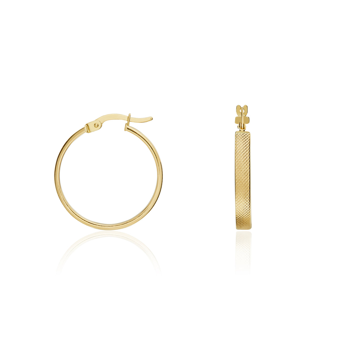 9CT YG STIPPLED SQUARE TUBE HOOP EARRINGS. 13MM DIAMETER