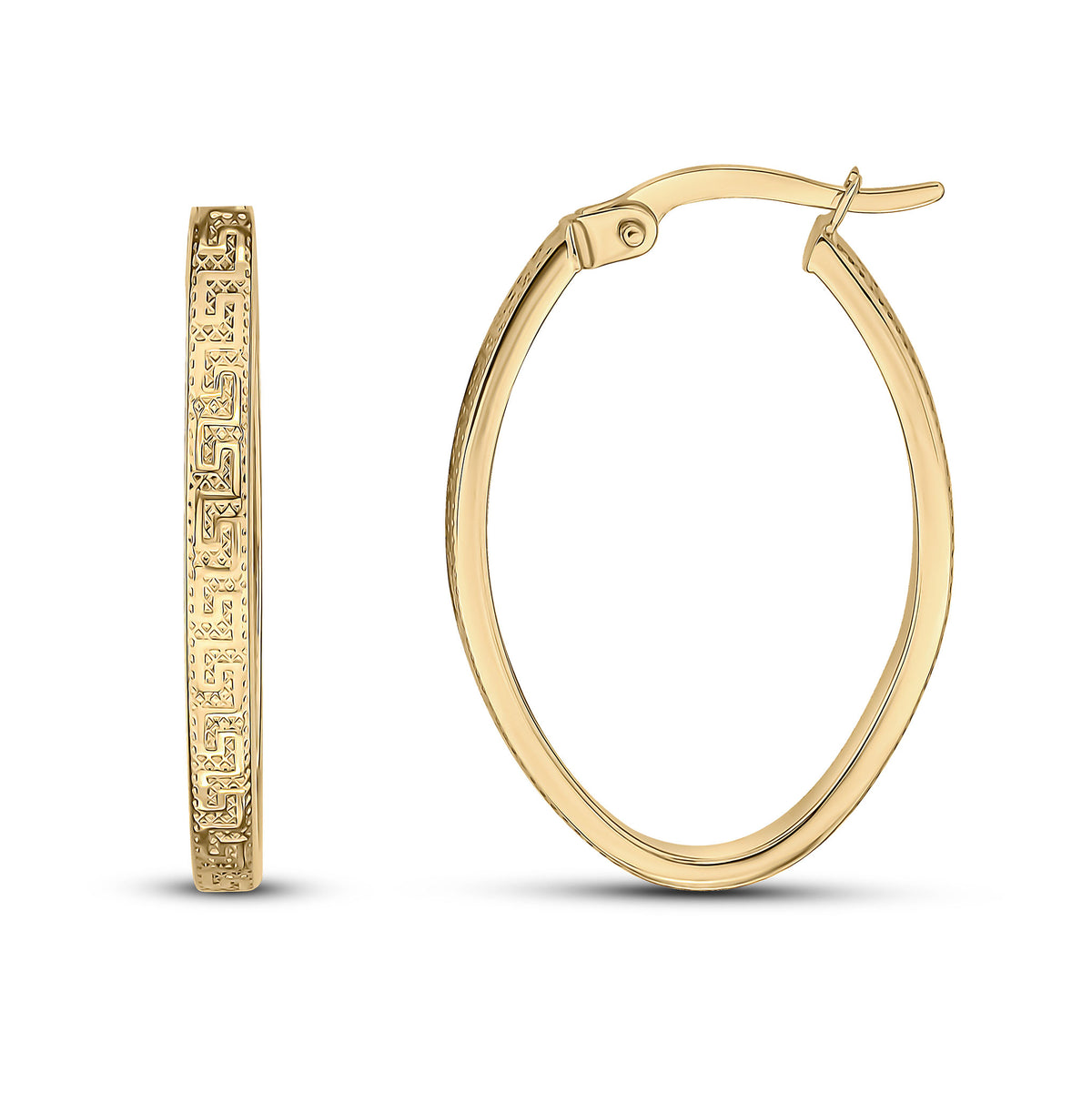 9CT YG OVAL GREEK KEY DESIGN HOOP EARRINGS