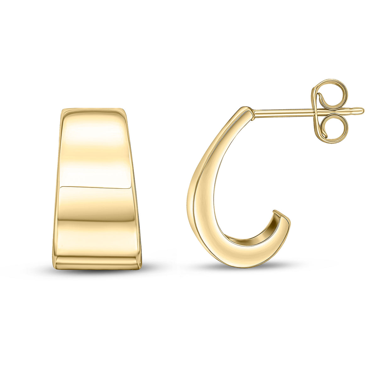 9CT YG FLAT TAPERED 1/2 HOOP EARRINGS WITH PEG AND SCROLL
