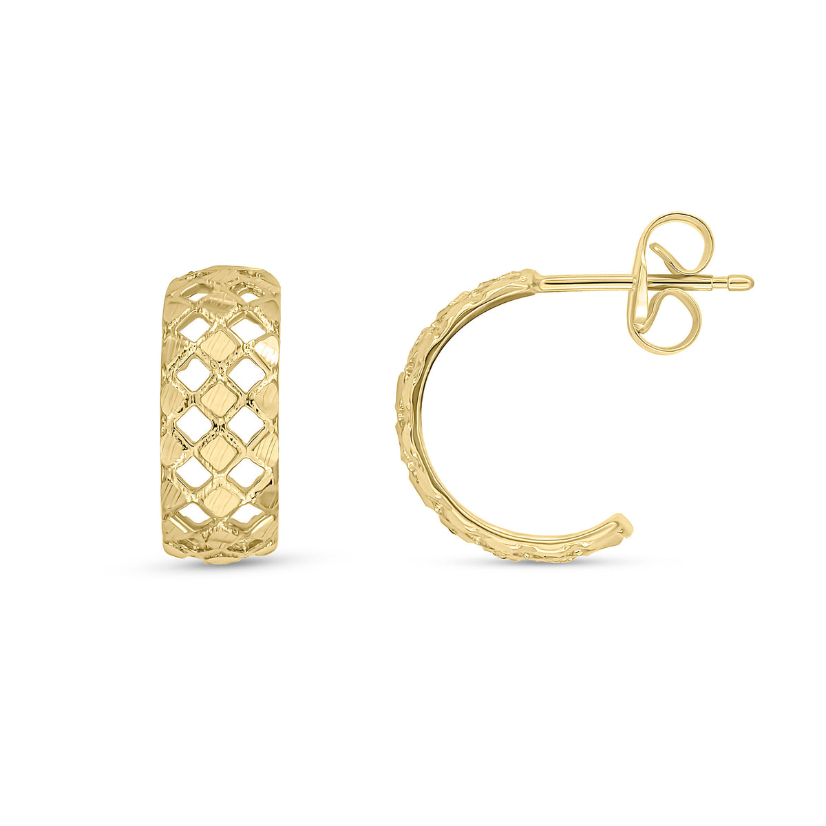 9CT YELLOW GOLD PIERCED OUT HALF HOOP EARRINGS WITH PEG AND SCROLL FITTINGS