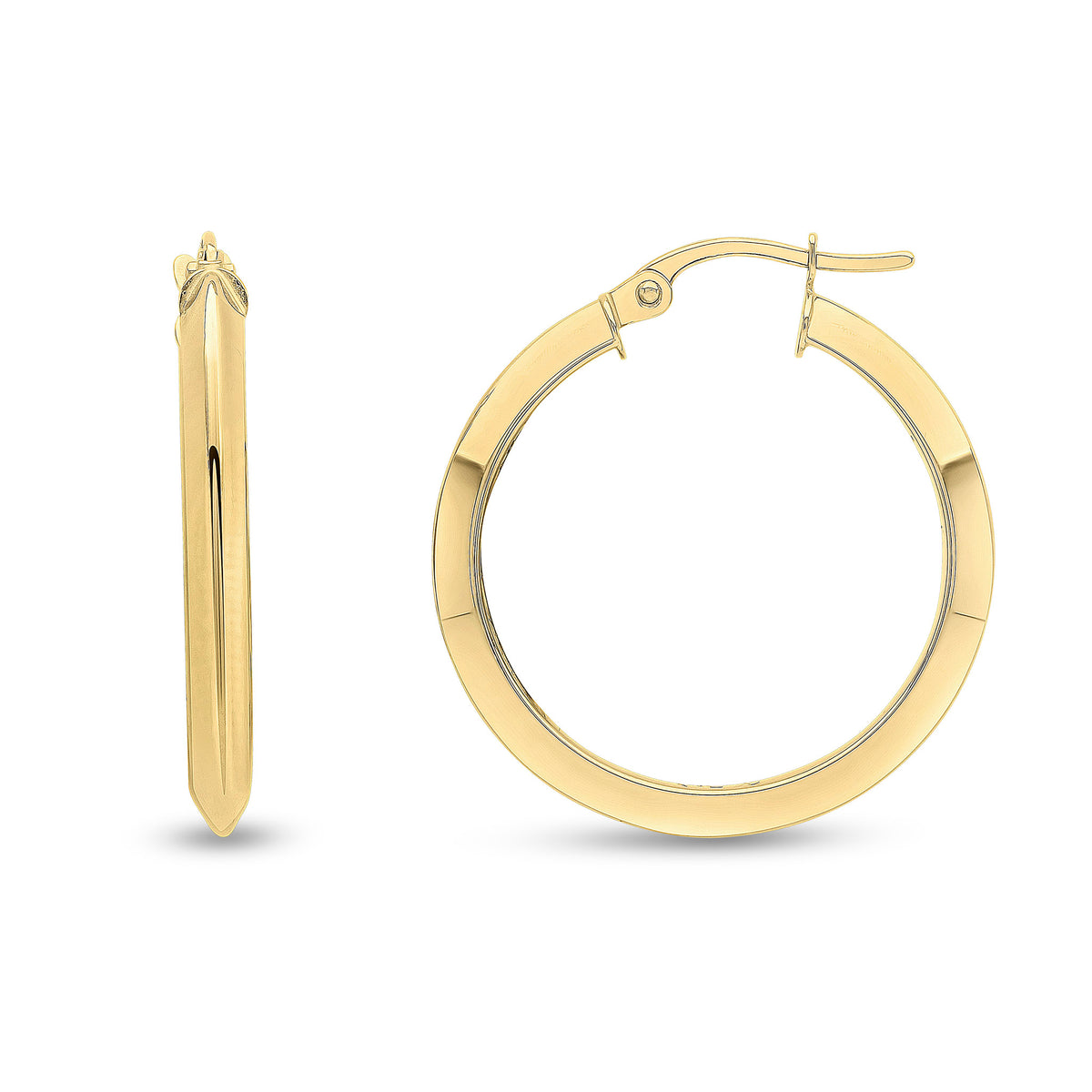 9CT YG KNIFE EDGE HOOP EARRINGS. 25MM OUTER DIAMETER