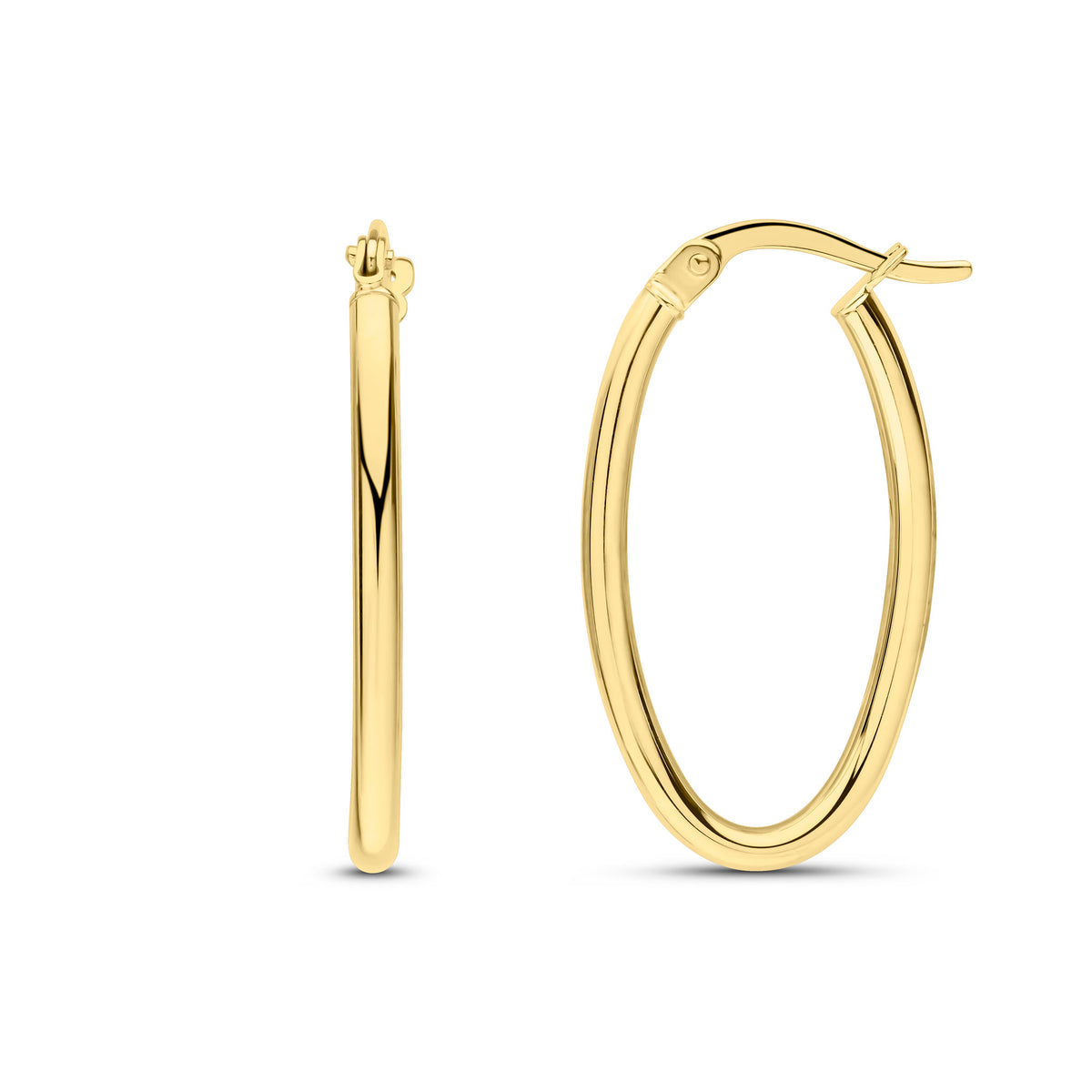 9CT YG 2MM POLISHED TUBE OVAL HOOP EARRINGS. 23MM LONG