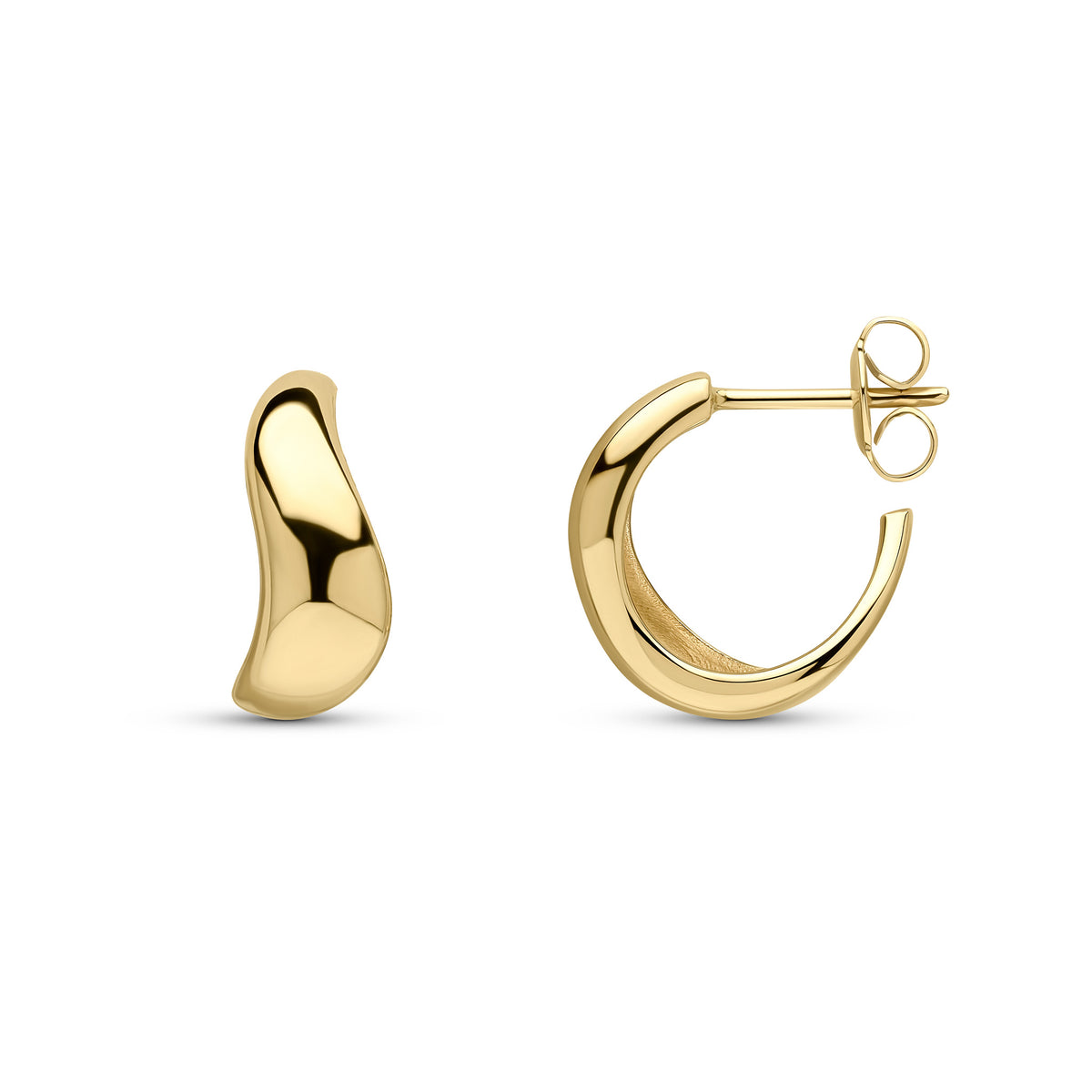 9CT YG TAPERED WAVY 1/2 HOOP EARRINGS WITH PEG AND SCROLL FITTINGS