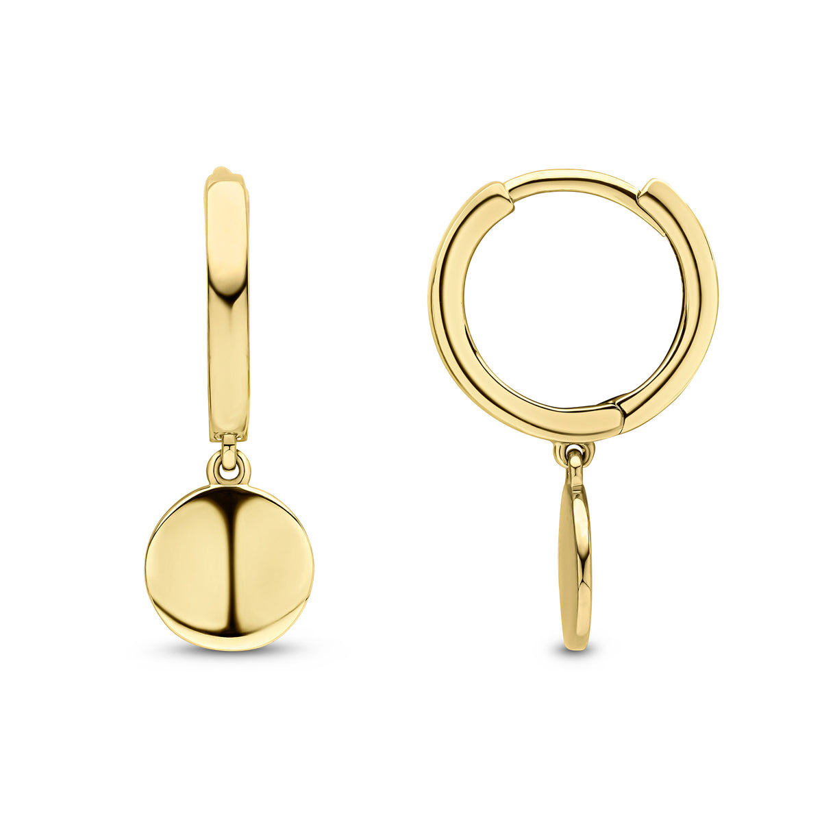 9CT YG SQUARED TUBE HINGED HOOP EARRINGS WITH 7.5MM POLISHED DISC DROP