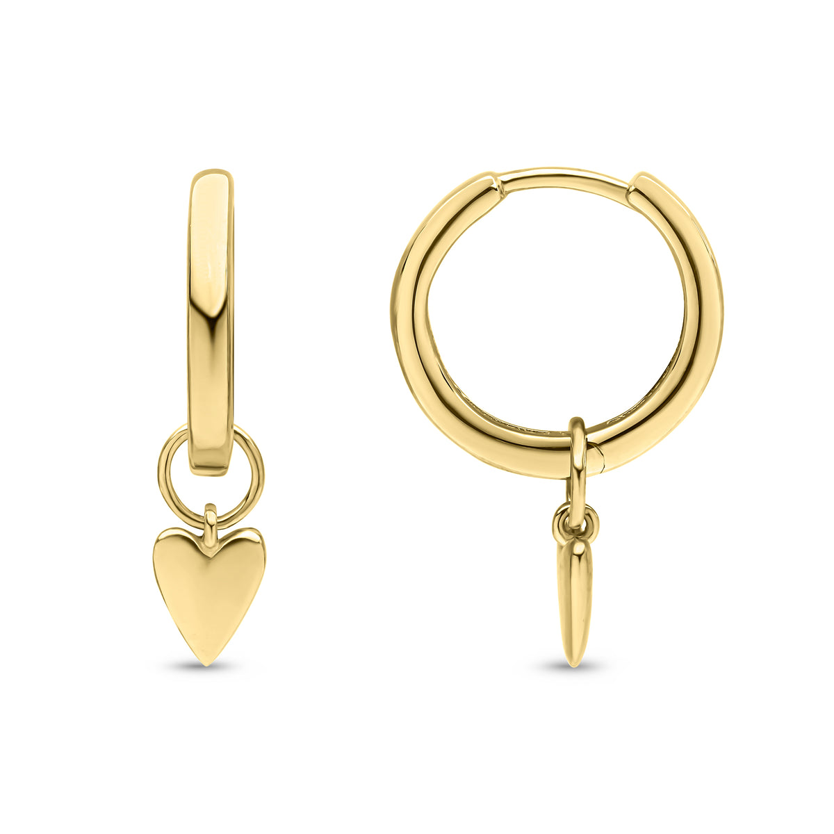9CT YG HINGED HOOP EARRINGS WITH DETACHABLE POLISHED HEART DROP