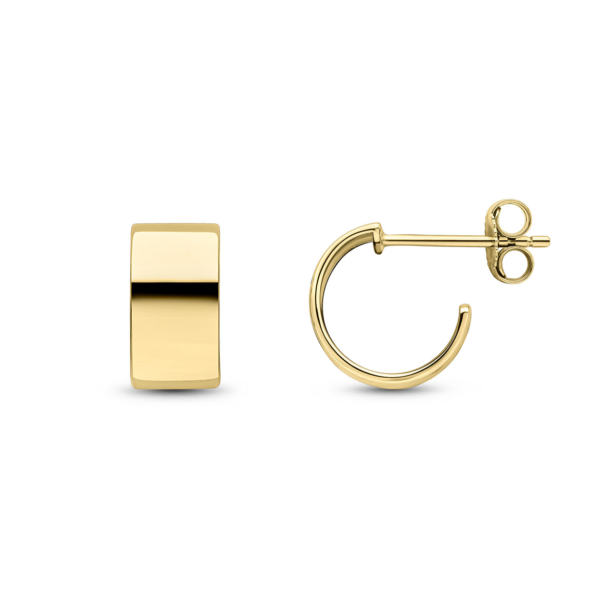 9CT YG POLISHED FLAT HALF HOOP EARRINGS WITH PEG AND SCROLL FITTINGS