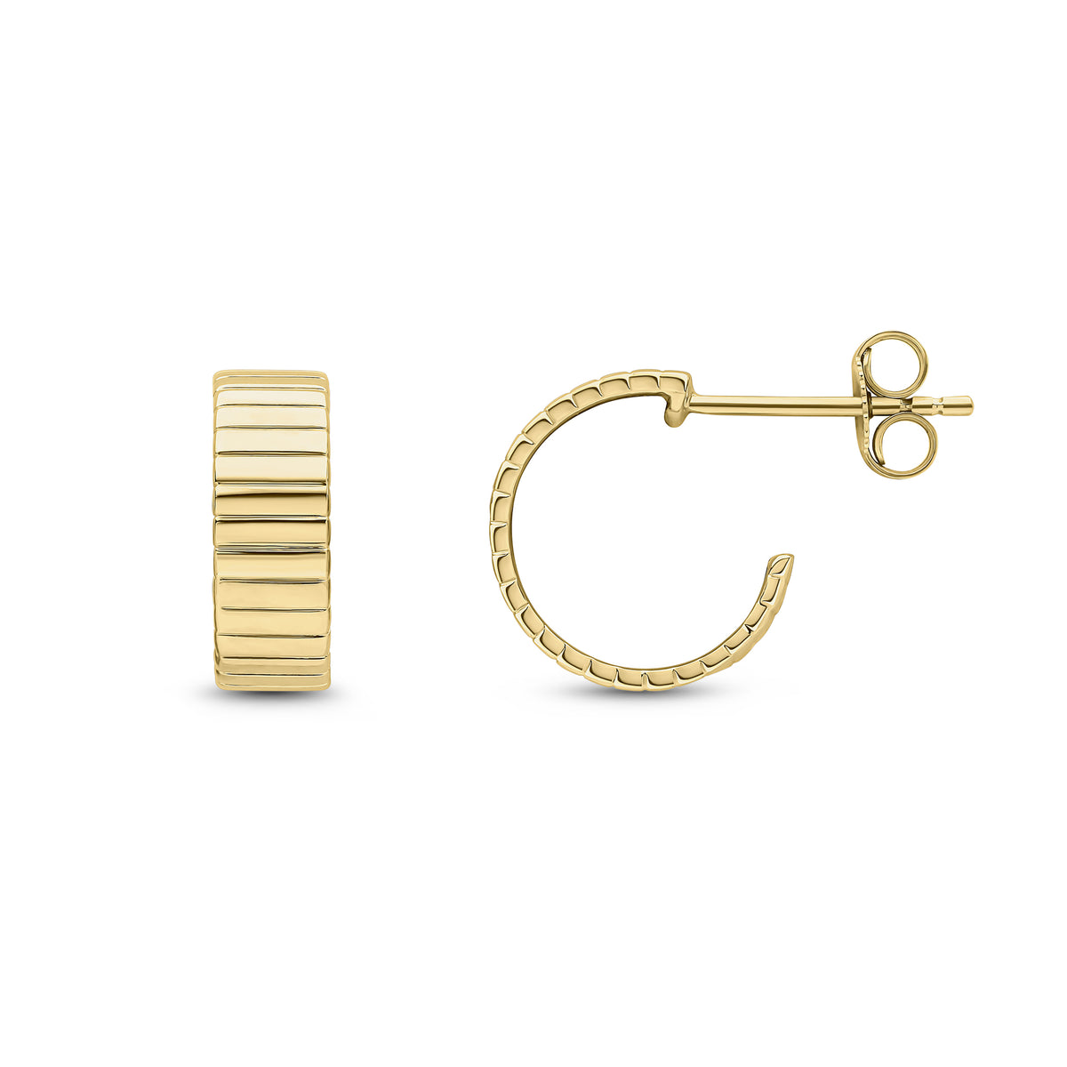 9CT YG RIBBED FLAT 4.5MM WIDE HALF HOOP EARRINGS WITH PEG AND SCROLL FITTINGS