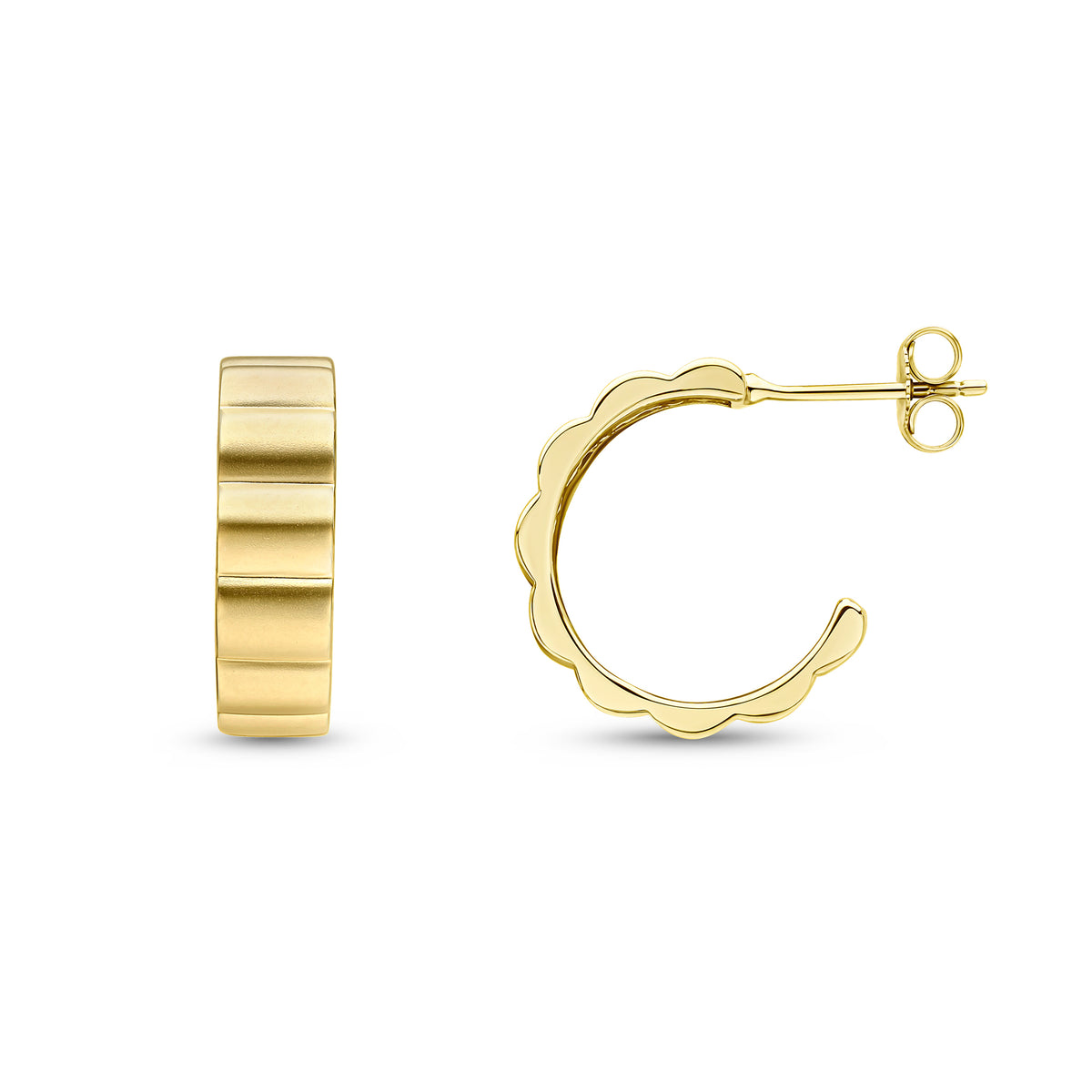 9CT YG SATIN FINISH RIBBED HALF HOOP EARRINGS WITH PEG AND SCROLL FITTINGS