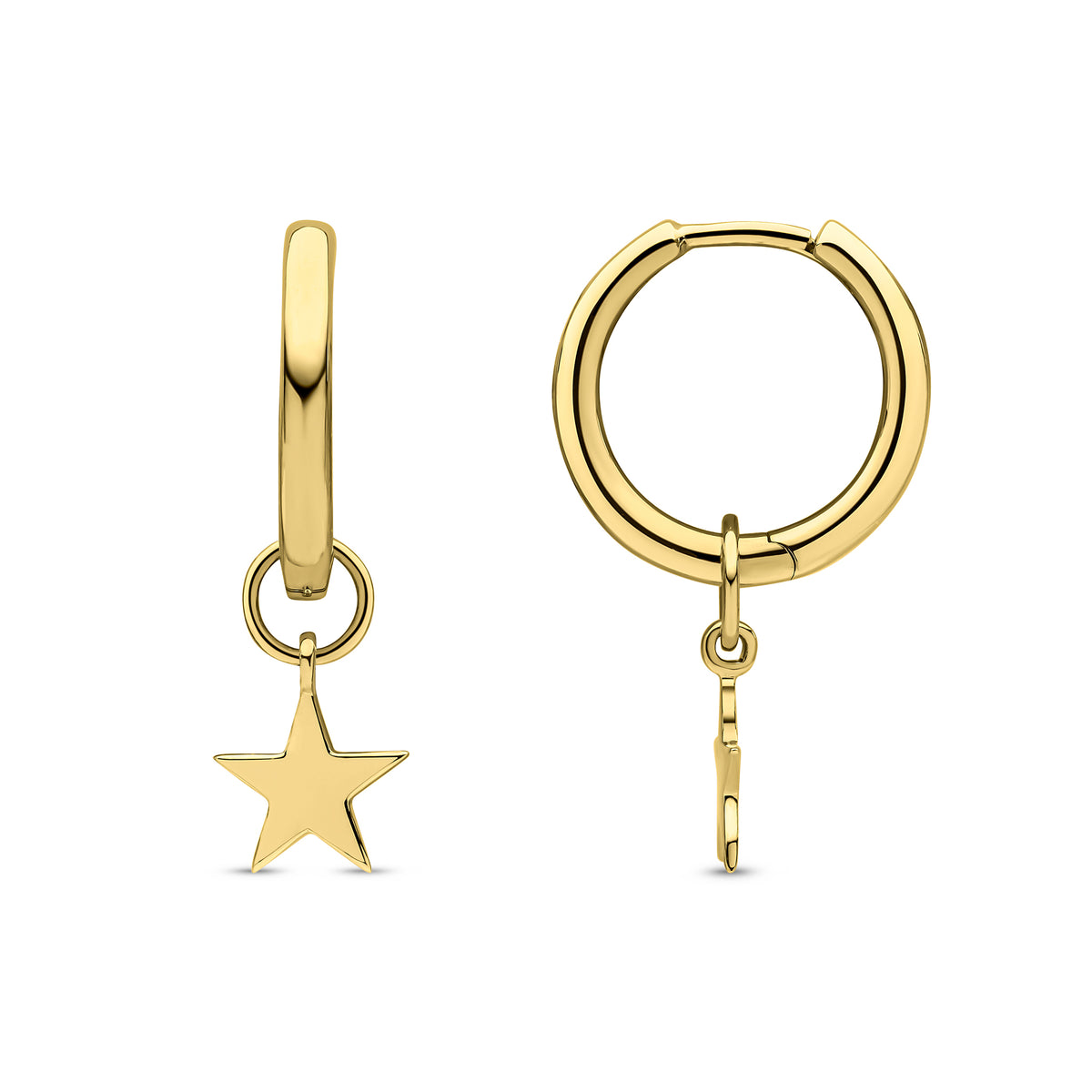 9CT YG POLISHED HINGED HOOP EARRINGS WITH DETACHABLE STAR DROP