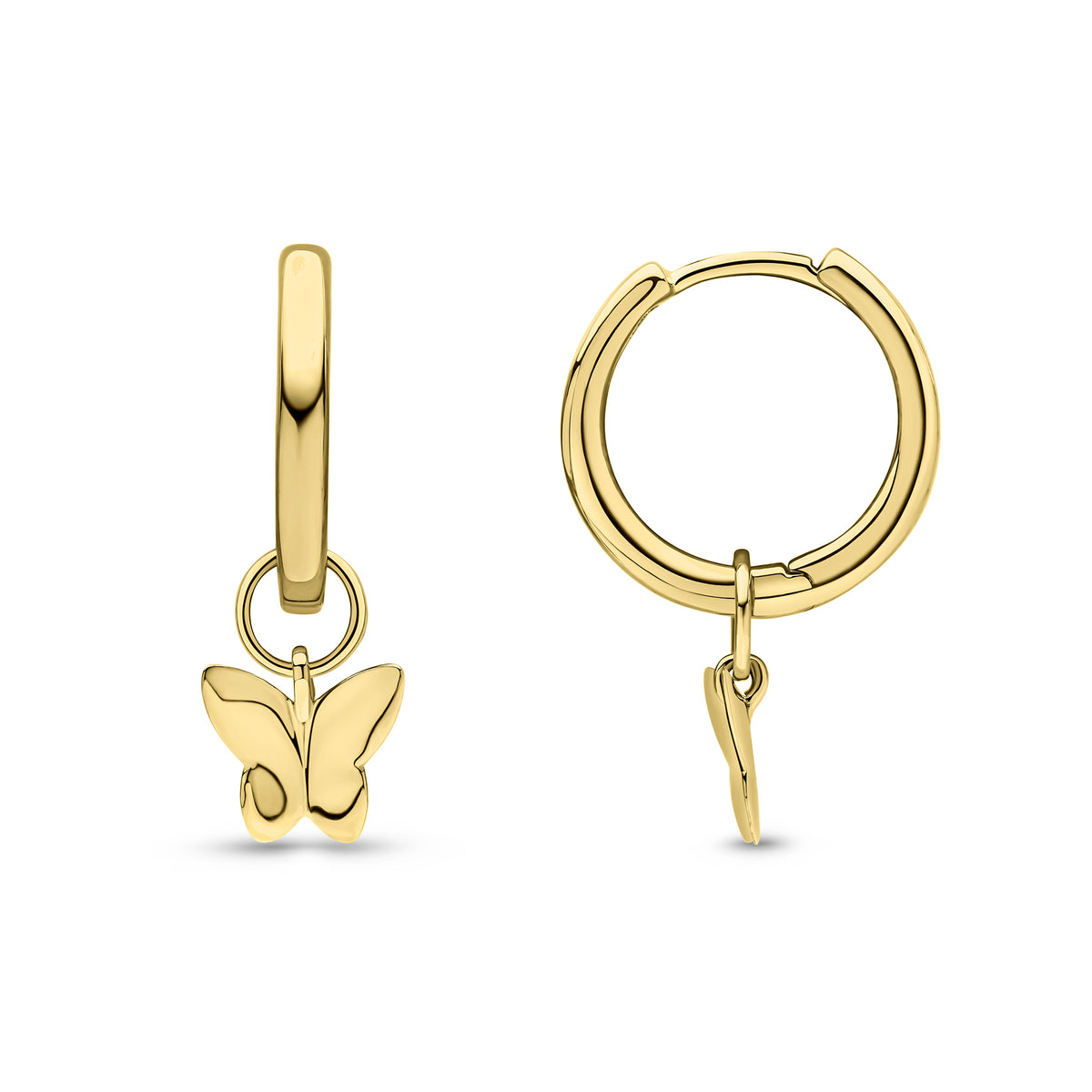 9CT YG POLISHED HINGED HOOP EARRINGS WITH DETACHABLE BUTTERFLY DROP